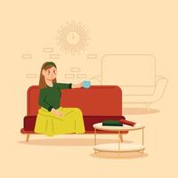 Relaxed woman taking a coffee cup Hygge concept Vector