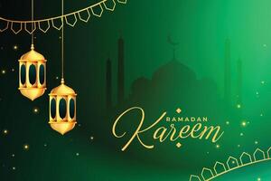 green and golden ramadan kareem eid festival card design vector