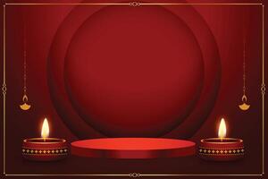 3d podium and diya design on red background for diwali celebration vector