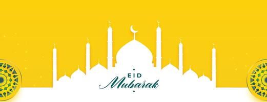 plano amarillo eid Mubarak musulmán festival bandera con mezquita diseño vector