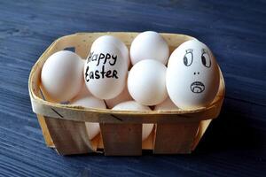 Eggs in a basket on the wooden vintage table. Happy Easter Day. Easter backgrund. photo