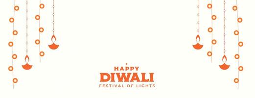 happy diwali festival banner with hanging diya design vector