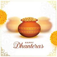 happy dhanteras wishes background with golden coin kalasha and diwali greetings vector