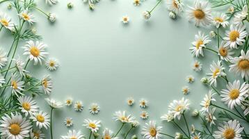 AI generated Frame made of chamomile wildflowers on light green background with copy space. Wild daisy floral border isolated photo