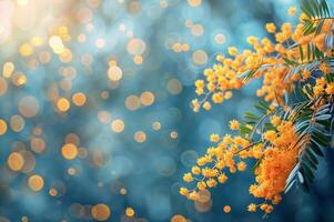 AI generated Branch of yellow flowers mimosa against blurred blue background with golden bokeh lights. Spring banner template with copy space photo