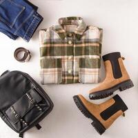 Set of clothes. Checked shirt, jeans, beige boots, leather backpack. Shoes and wardrobe. Women's modern style. photo