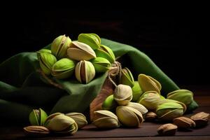 AI generated Pistachios on wooden background. photo