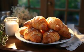 ai generado delicioso francés croissants hecho en casa panadería. foto