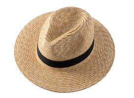 Straw fedora hat isolated. Summer hat with black ribbon. Cap on white background. photo