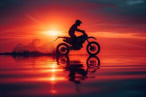 ai generado un persona montando un motocicleta en el agua a puesta de sol foto
