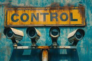 AI generated security cameras are mounted on a rusty control sign photo