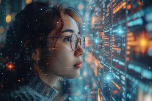 AI generated a woman wearing glasses looking at a computer screen photo
