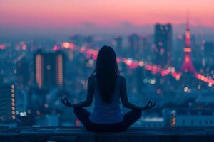 ai generado un mujer meditando en el medio de un ciudad a noche foto