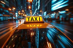 ai generado un Taxi taxi es conducción abajo el calle a noche foto