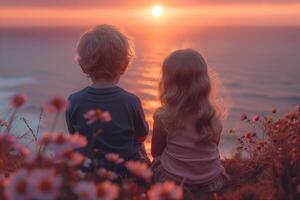 ai generado dos niños sentado en un colina con vista a el Oceano a puesta de sol foto