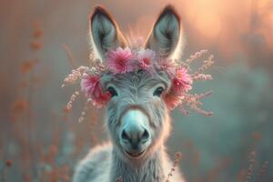 AI generated a donkey with flowers on its head in a field photo