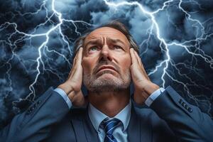 ai generado un hombre en un traje y Corbata es participación su cabeza en su manos mientras mirando a un tormenta foto