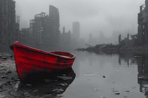 ai generado un rojo barco se sienta en el agua cerca un ciudad foto