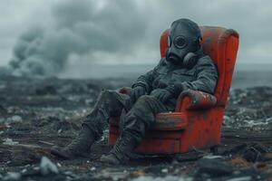 AI generated a man in a gas mask sitting on a chair in the middle of a field photo