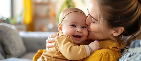 ai generado linda pequeño bebé en el brazos de su madre en un vivo habitación. contento joven madre besos adorable infantil bebé a hogar. generativo ai foto