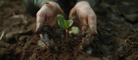 AI generated Human hands protecting seedling in soil. Close-Up Of Fresh Green Plant, Generative AI photo