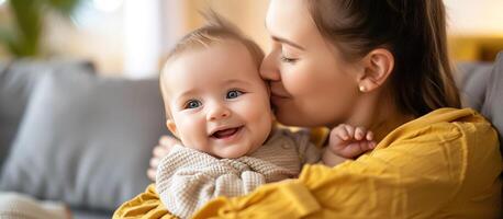 ai generado contento joven madre besos adorable infantil bebé a hogar. madre besos pequeño bebé chico a hogar. generativo ai foto