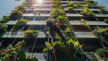 ai generado hombre escalada un alto edificio para vertical edificio paisajismo foto