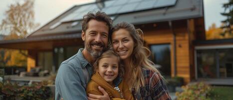 ai generado contento familia sonriente en frente de su nuevo casa con solar paneles foto