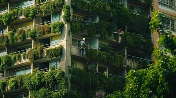AI Generated Man scaling a tall building for vertical building landscaping photo
