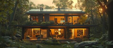 AI Generated Modern house with trees, nestled in forest, surrounded by natures tranquility photo