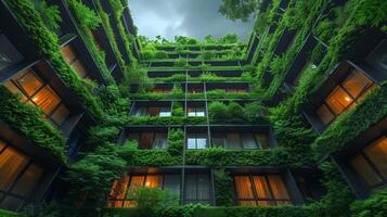 ai generado cubierto de vegetación fachada de edificio crea natural paisaje en paisaje urbano foto