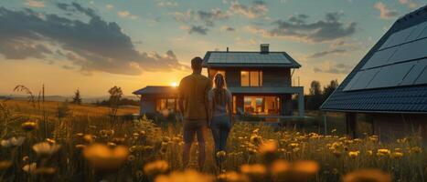 ai generado un hombre y un mujer mirando en su casa con solar paneles en el techo foto