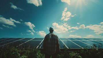 ai generado un hombre soportes antes de un campo de solar paneles debajo un nublado cielo foto