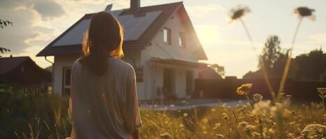 ai generado un mujer mirando en un encantador casa con moderno solar paneles foto