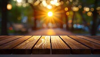 AI generated an empty wooden table in the middle of a park photo