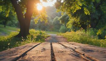 AI generated a wooden path leading to a tree in the middle of a field photo