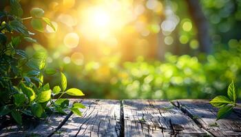 AI generated a wooden table with green plants in the sun photo