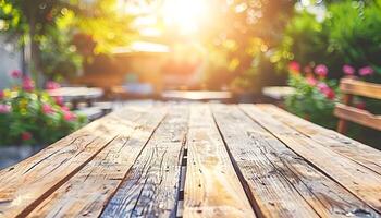 AI generated an empty wooden table in the sun photo