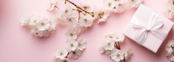 AI generated a white gift box is shown on a pink blossom background, happenings photo