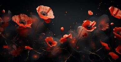 AI generated poppies on black background for happy valentines day photo