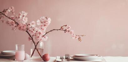AI generated pink table setting with flower centerpiece photo