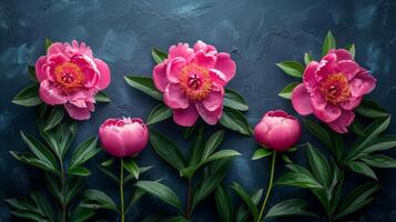 AI generated Peonies in a stunning dark-colored frame. Black floral backdrop photo