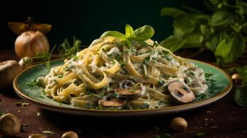 AI generated mushroom fettuccine with green herbs on wooden background photo