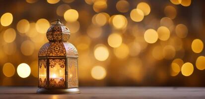 AI generated ramadan lantern at golden lantern on a table with bokeh background photo