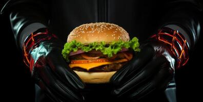 AI generated black rubber gloves handing hamburger in black photo