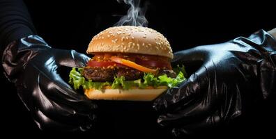 AI generated black rubber gloves handing hamburger in black photo