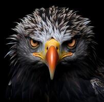 AI generated bald eagle portrait with headlights on a black background photo