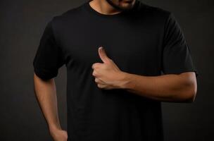 AI generated man pointing fingers with a black t shirt photo