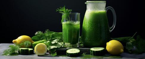 AI generated green juice with cucumber, cucumber, lemon and tarragon photo