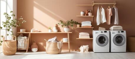 AI generated image of washing machines, laundry, pots and shelves photo